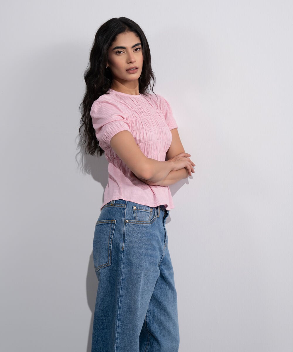 Smocked Seersucker Blouse WTOPV0826019