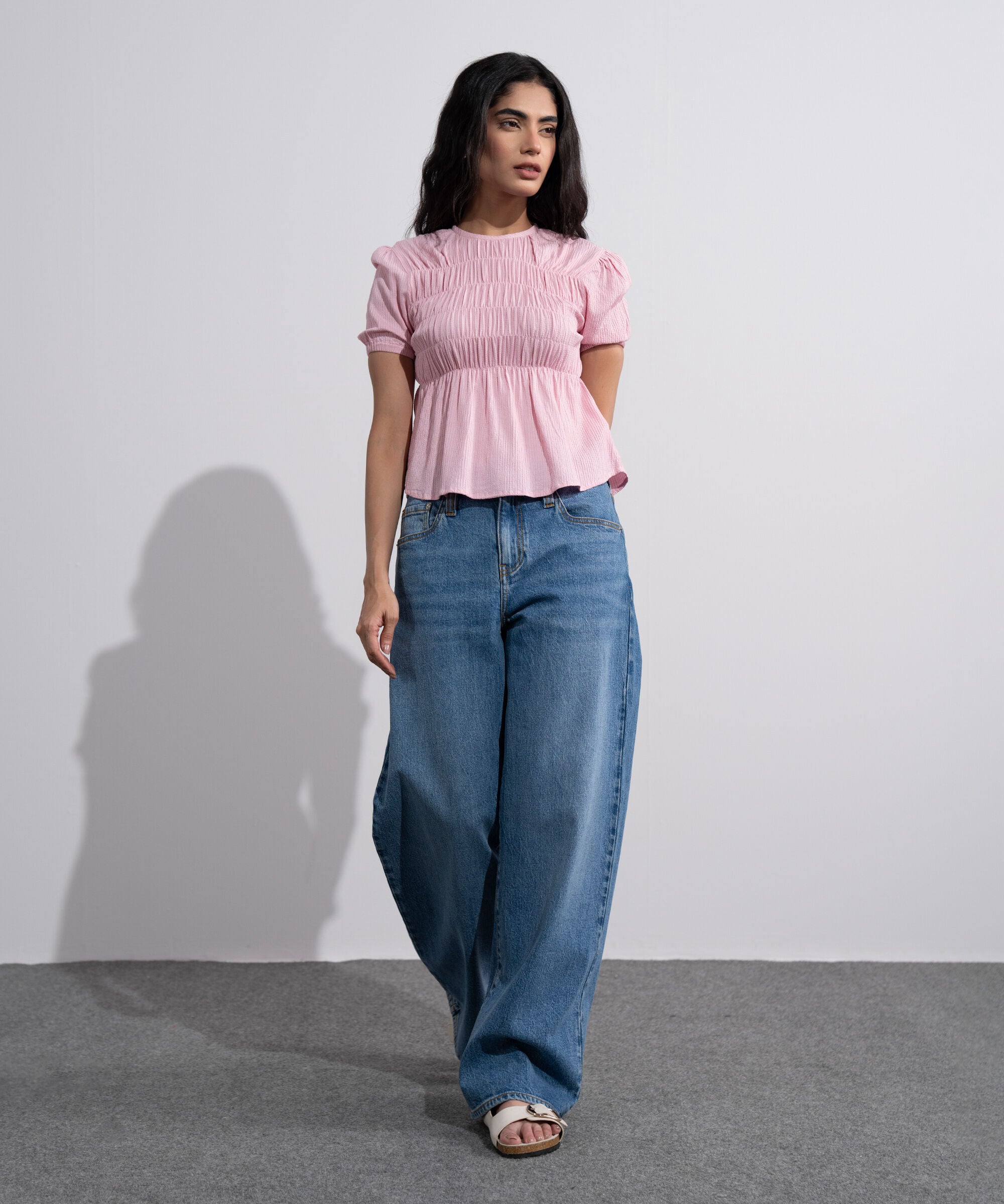 Smocked Seersucker Blouse WTOPV0826019