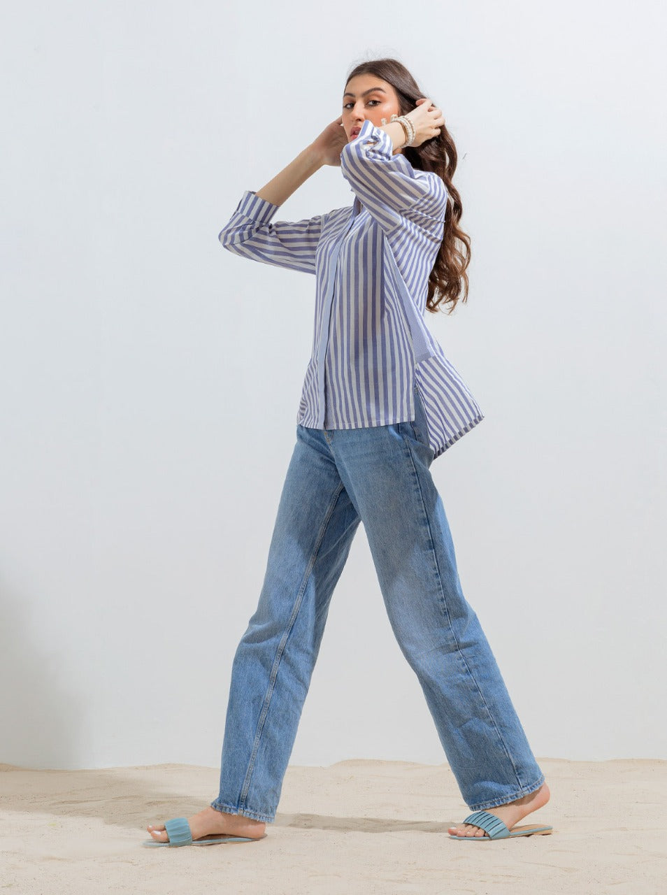 Striped Collar Hi-Low Shirt