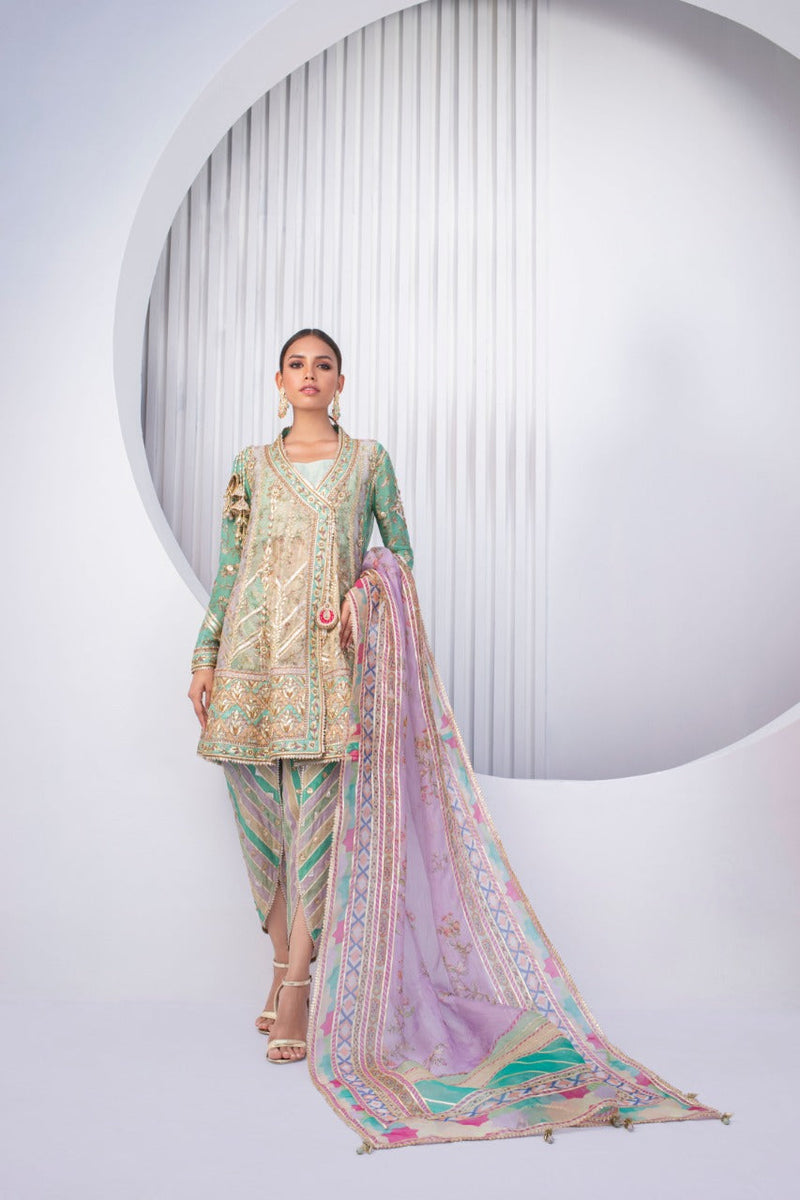 Pistachio Short Angarkha With Tulip Shalwar