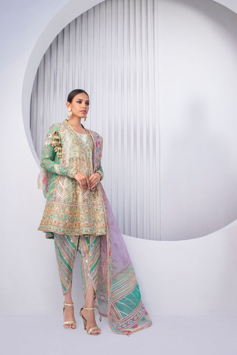 Pistachio Short Angarkha With Tulip Shalwar