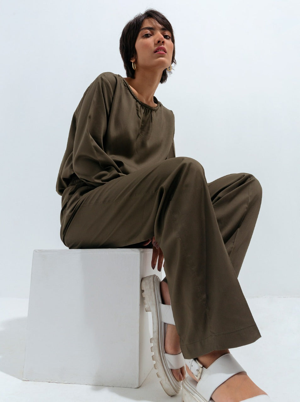 Dark Olive Braided Neckline Top