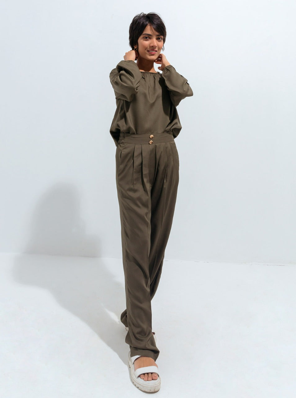 Dark Olive Braided Neckline Top
