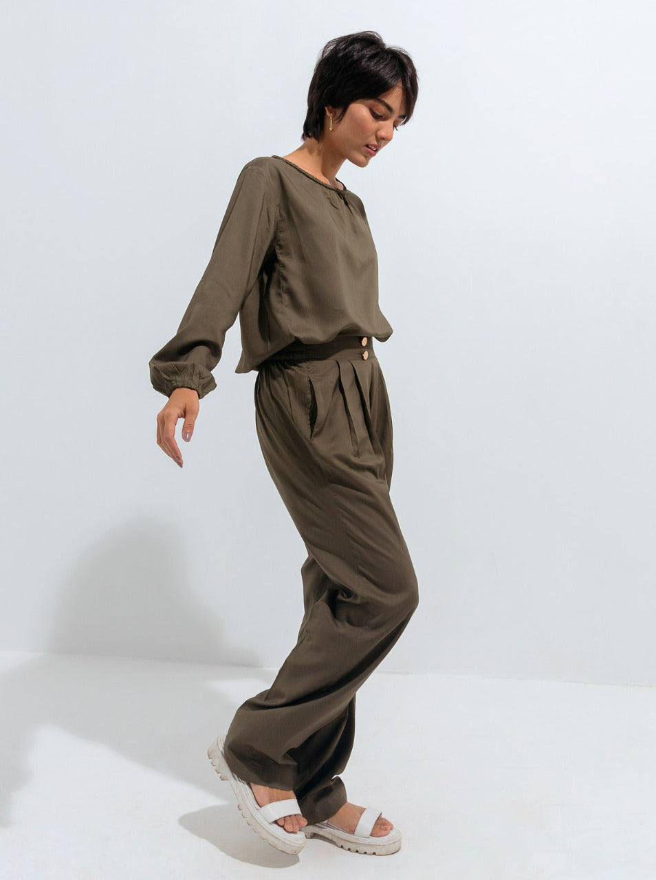 Dark Olive Braided Neckline Top