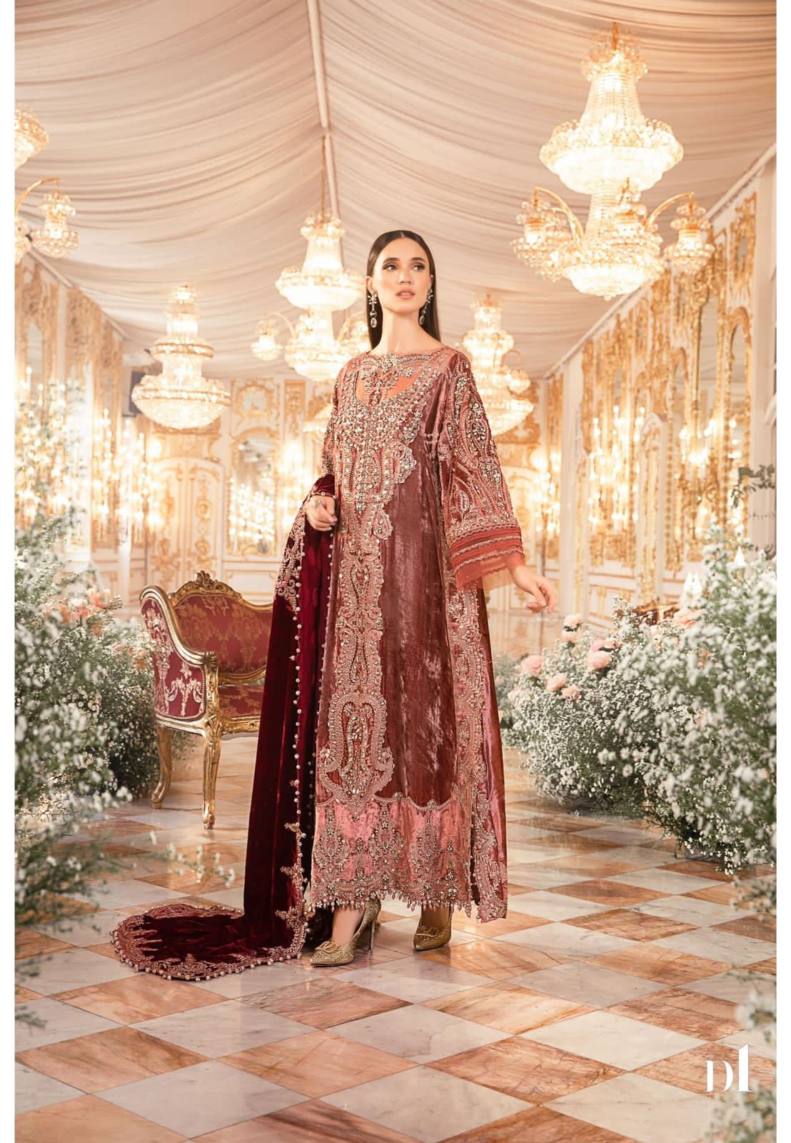 Maria B – Mbroidered Salmon and Maroon Style