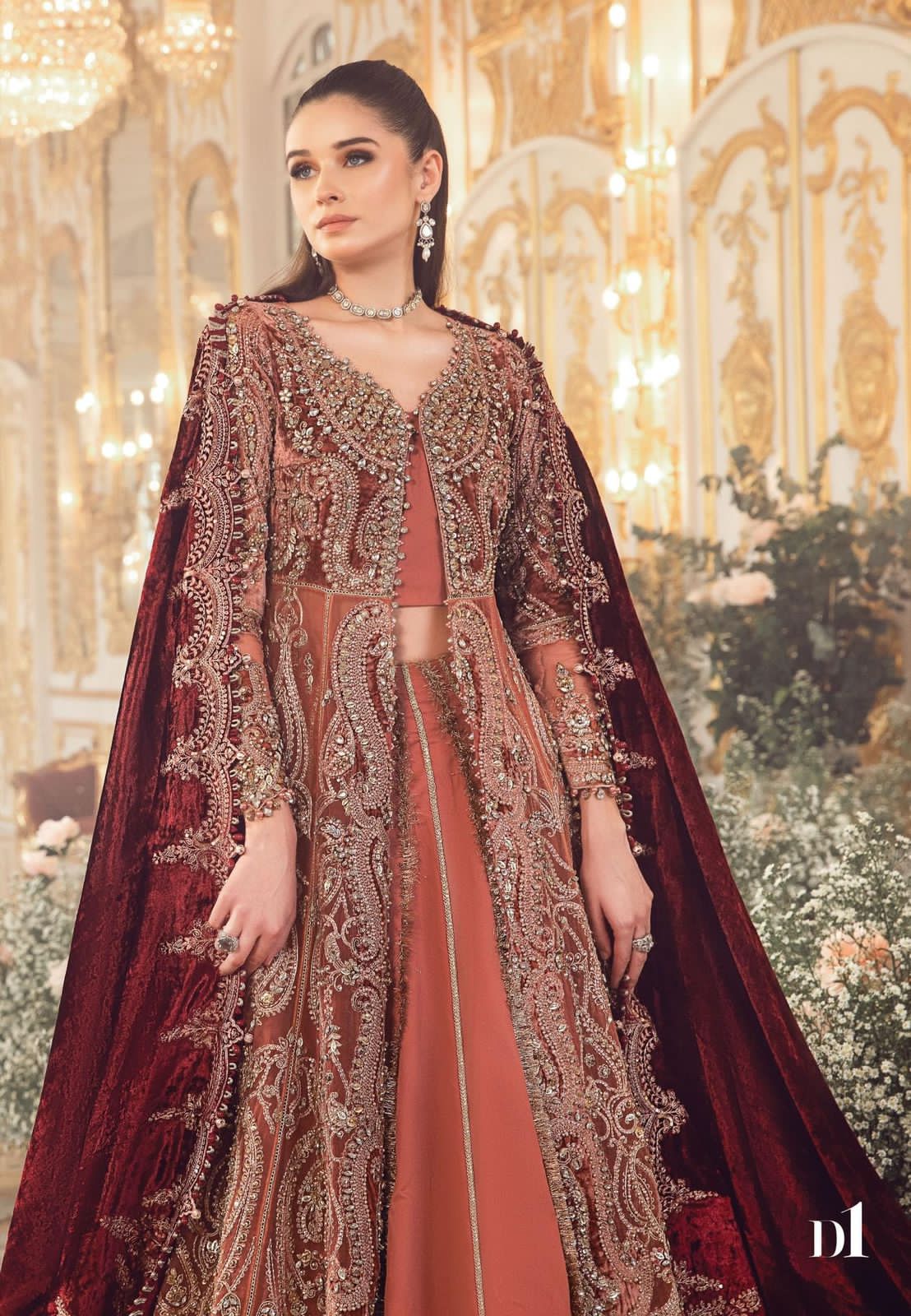 Maria B – Mbroidered Salmon and Maroon Style