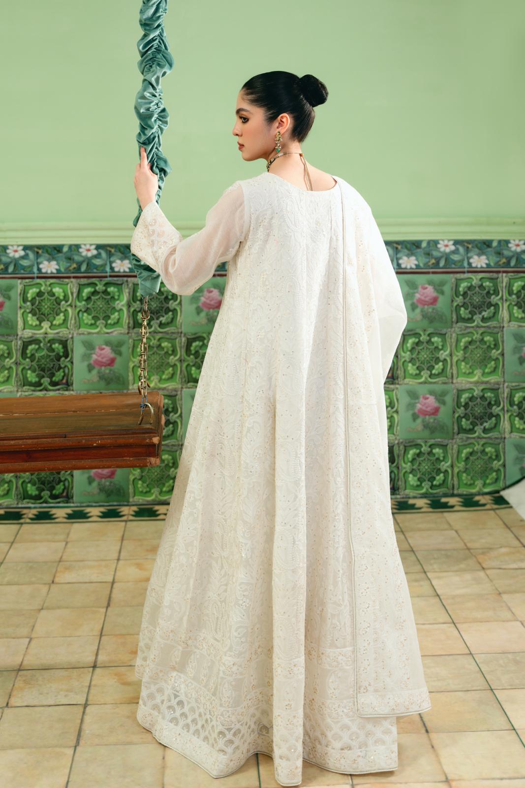 White Chikankari Kalidaar