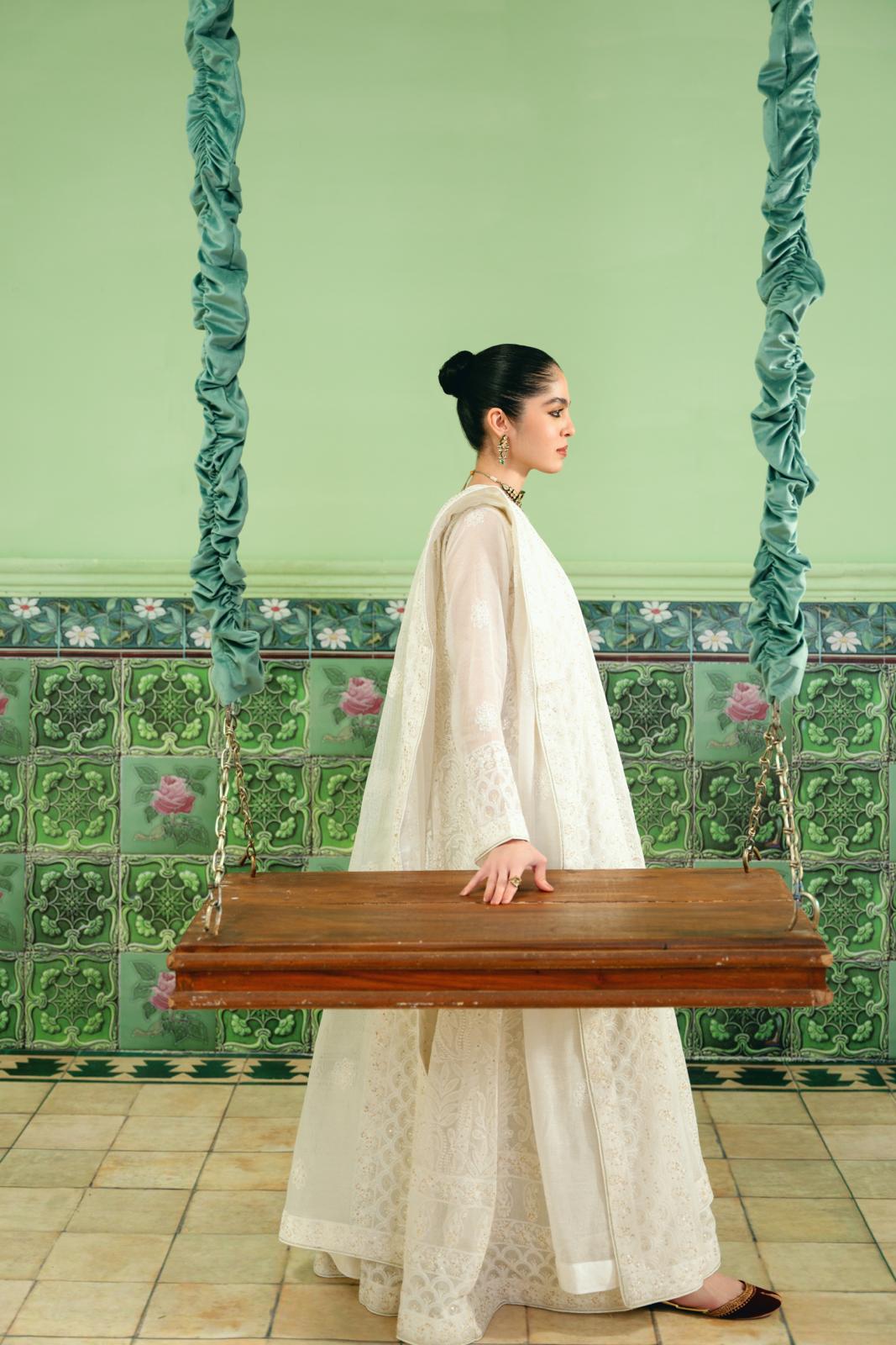 White Chikankari Kalidaar