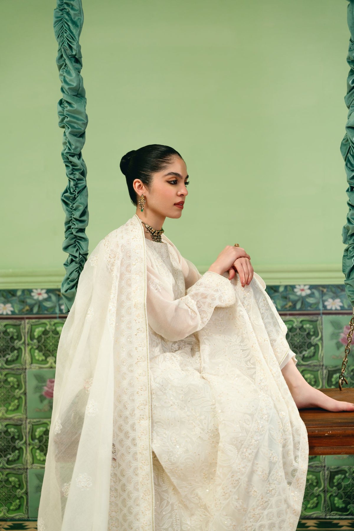 White Chikankari Kalidaar