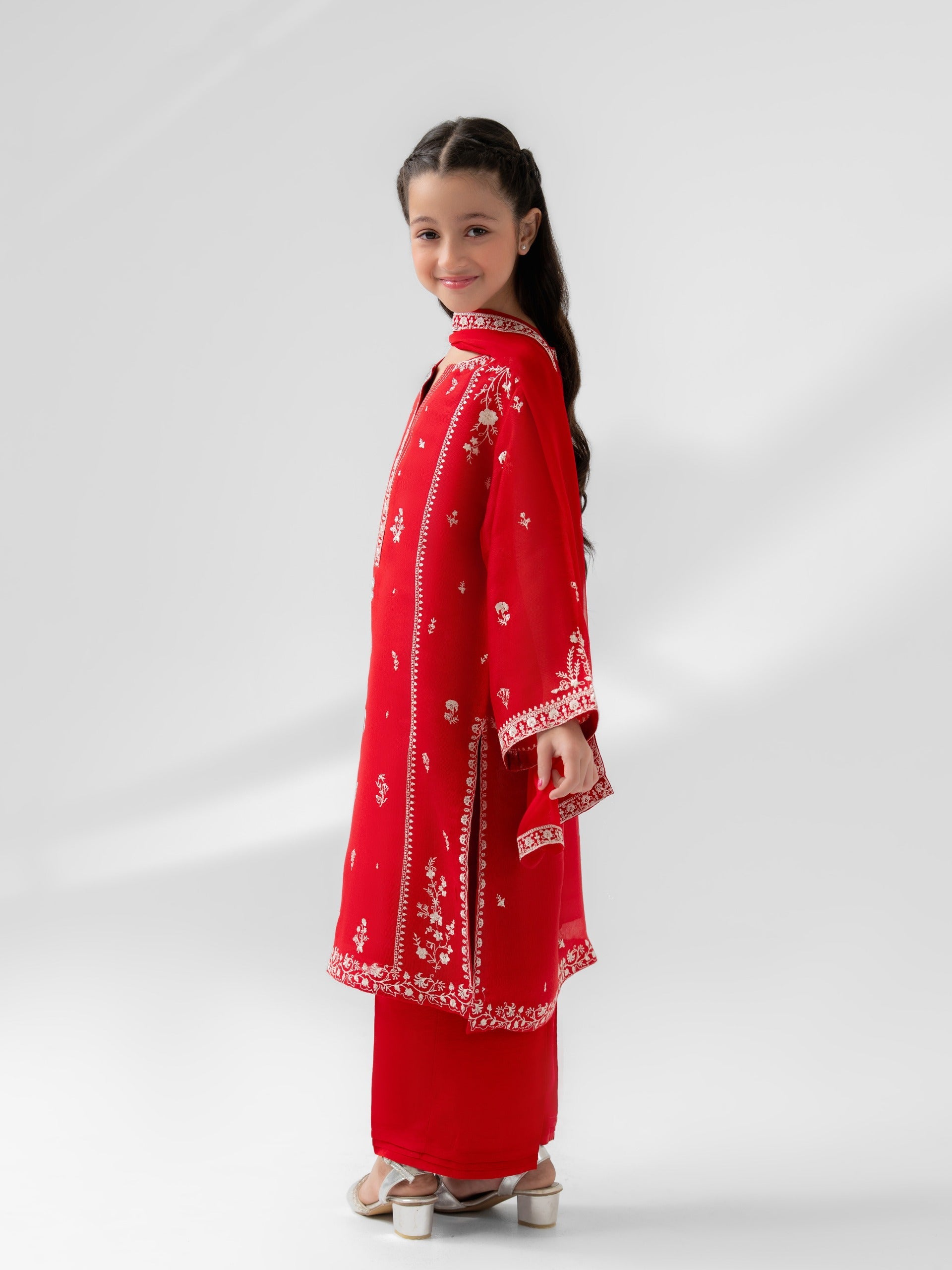 (Kids) 3 Piece - Embroidered Cotton Net Suit FKD-077