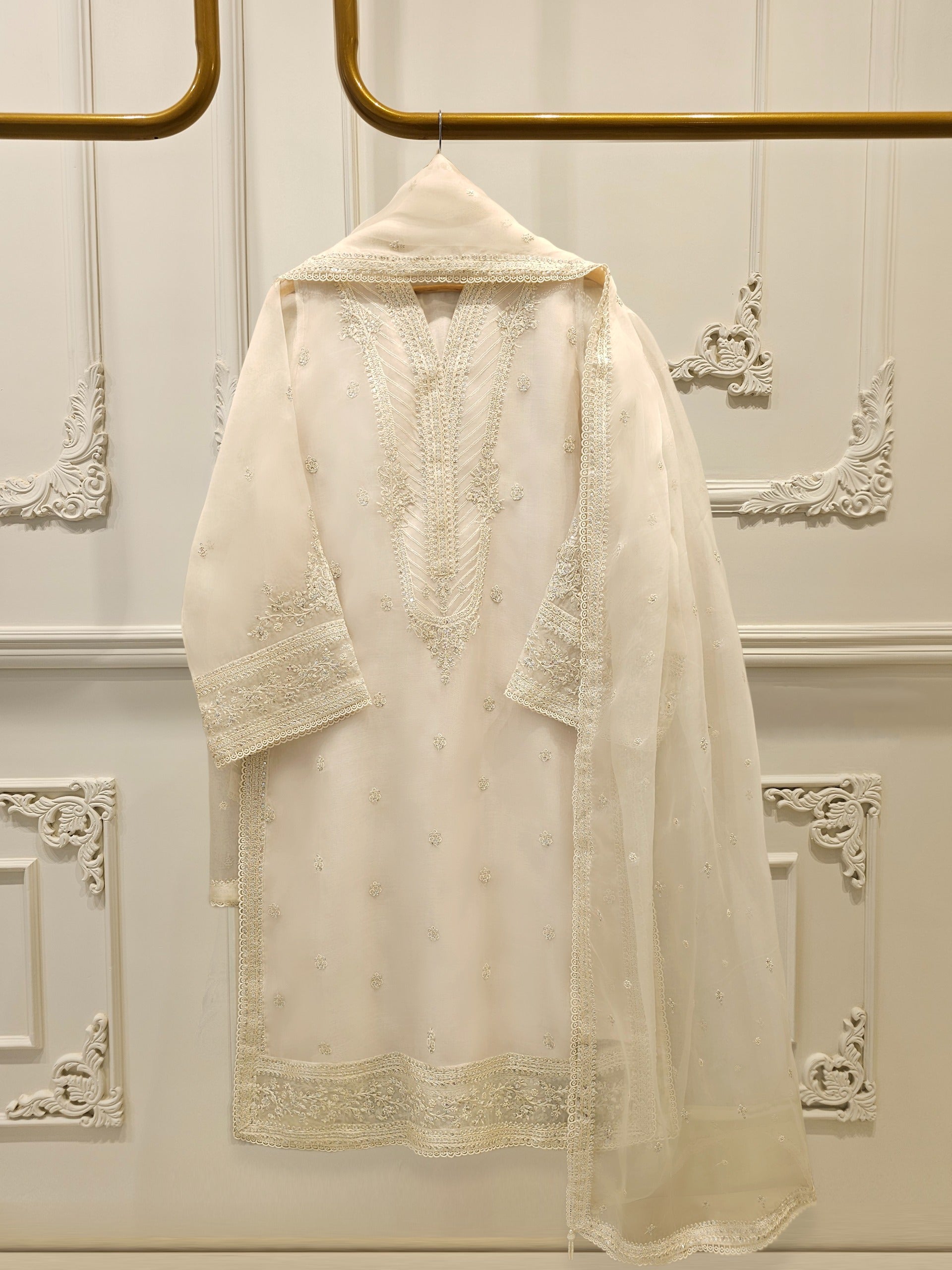 3 Piece - Pure Organza Embroidered Suit S112454