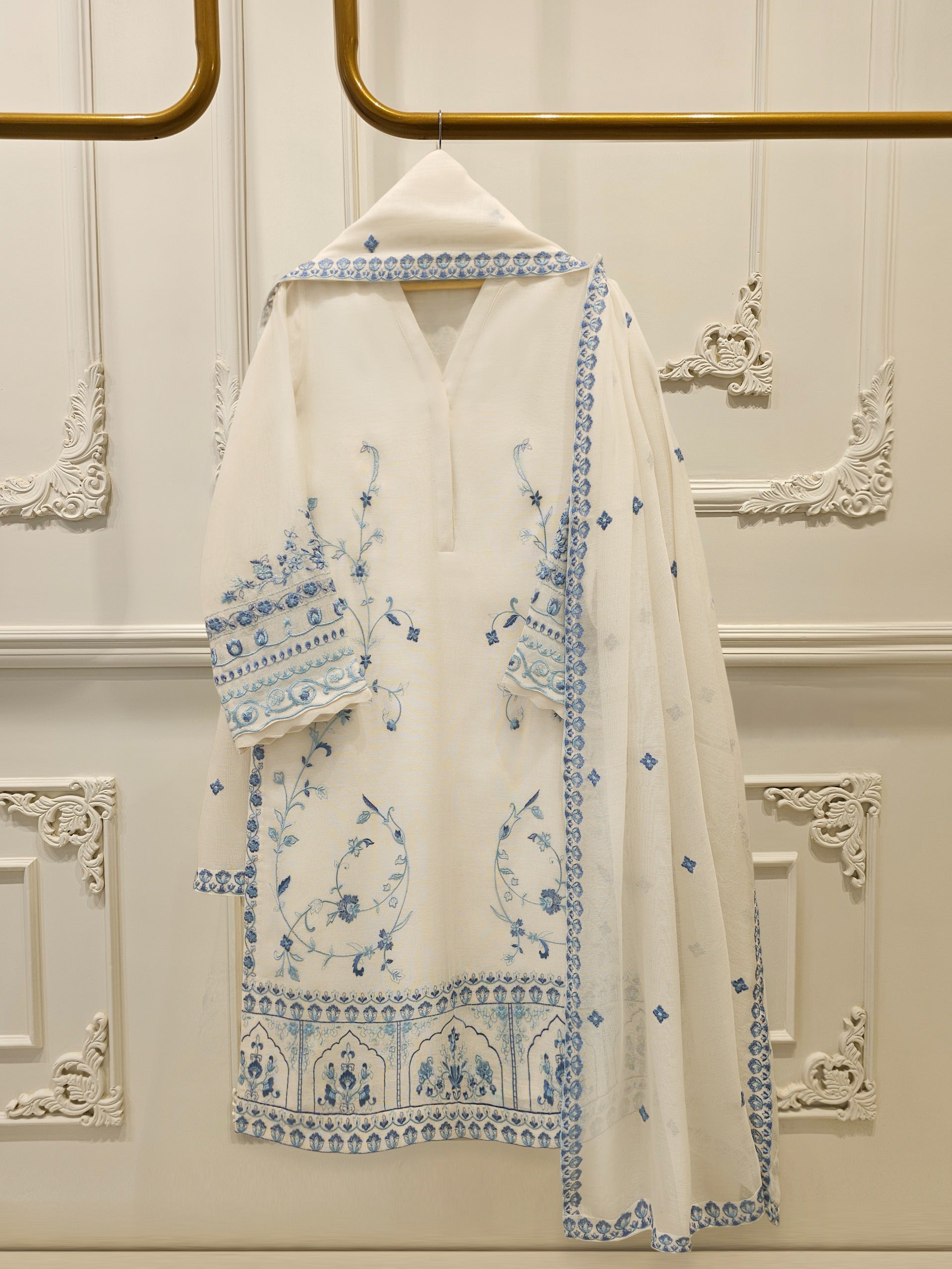 3 Piece - Pure Embroidered Cotton Net Suit S112942