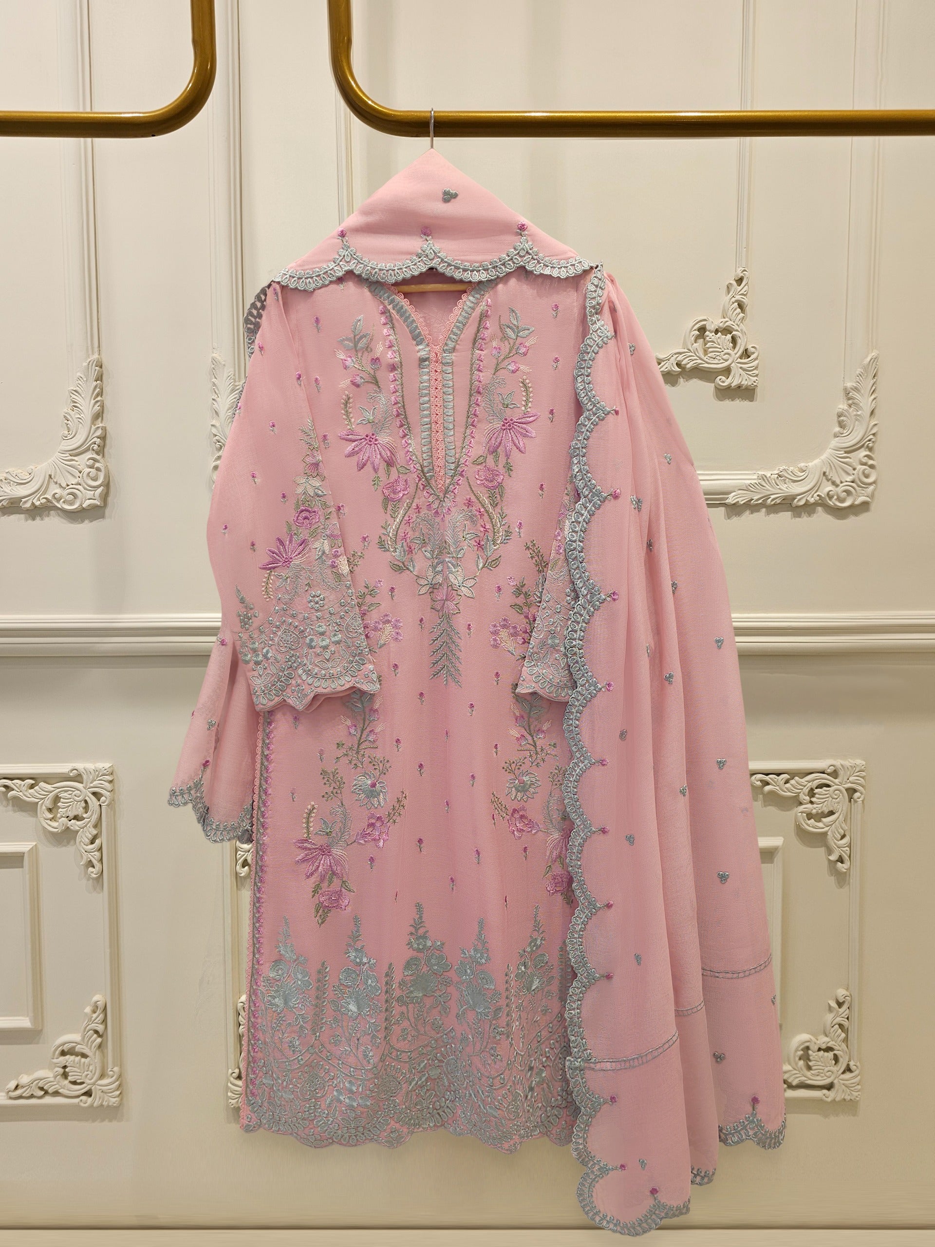 3 Piece - Pure Embroidered Cotton Net Suit S112986