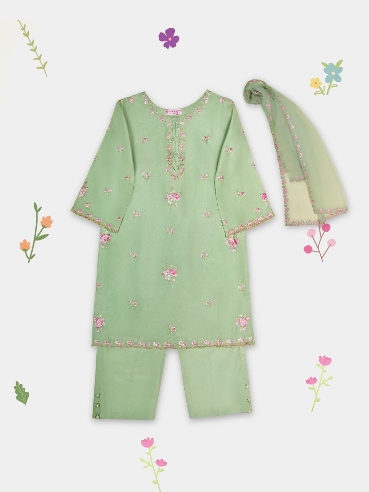 (Kids) 3 Piece - Embroidered Koren Silk Suit Fkd073