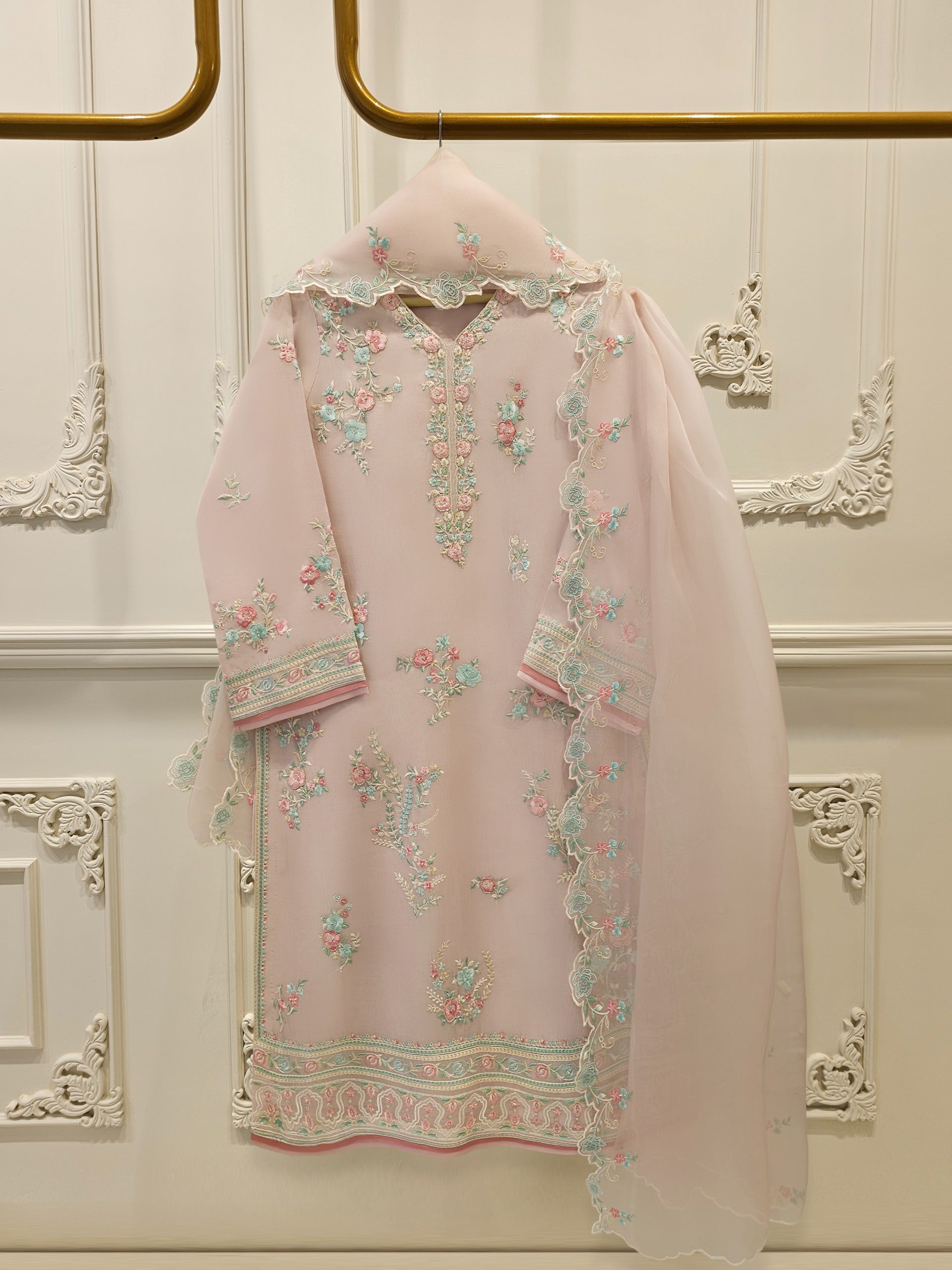3 Piece - Pure Organza Embroidered Suit S114193