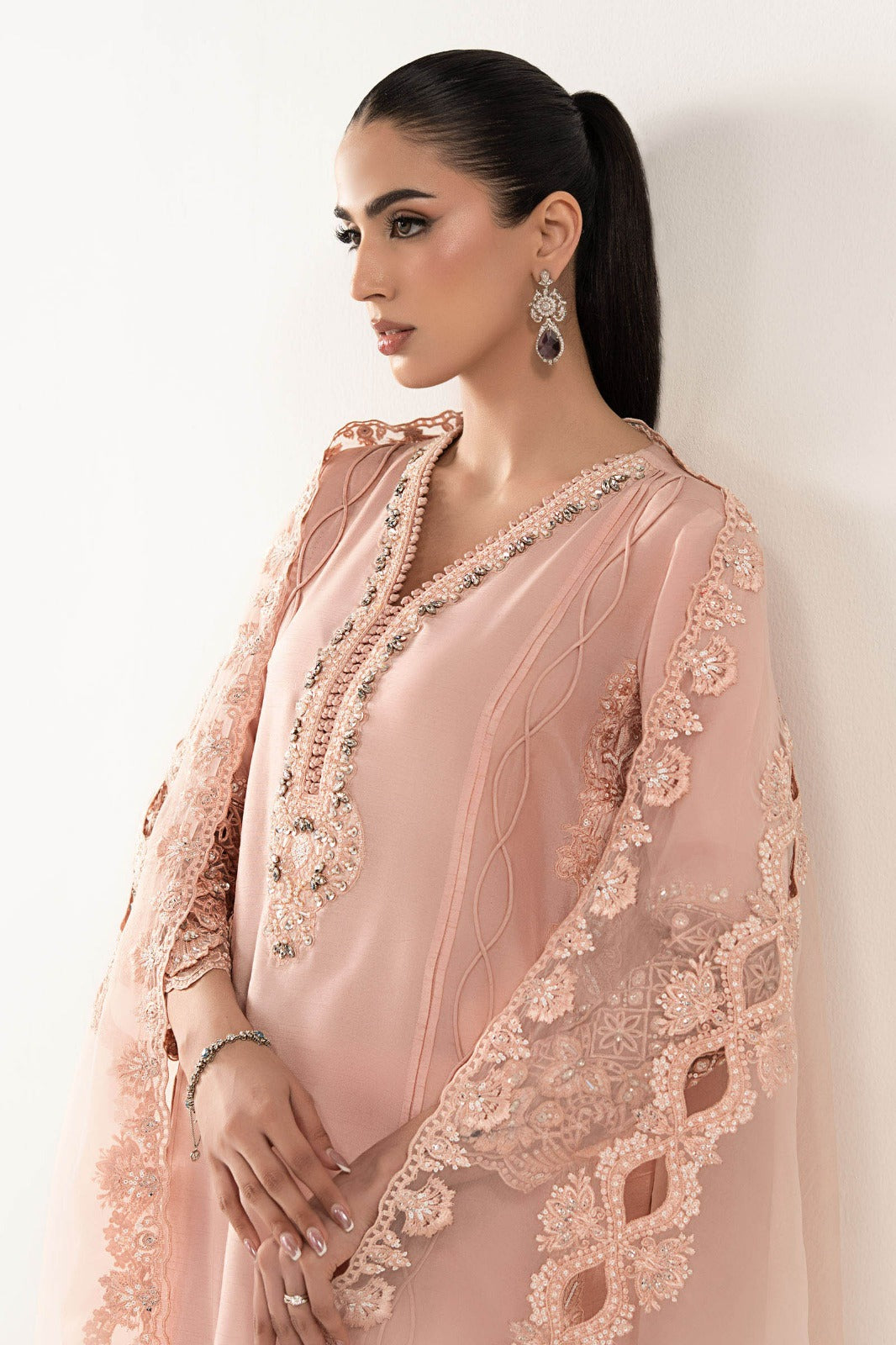 3 Piece Embroidered Raw Silk Suit - SFE2626-ESM-PNK