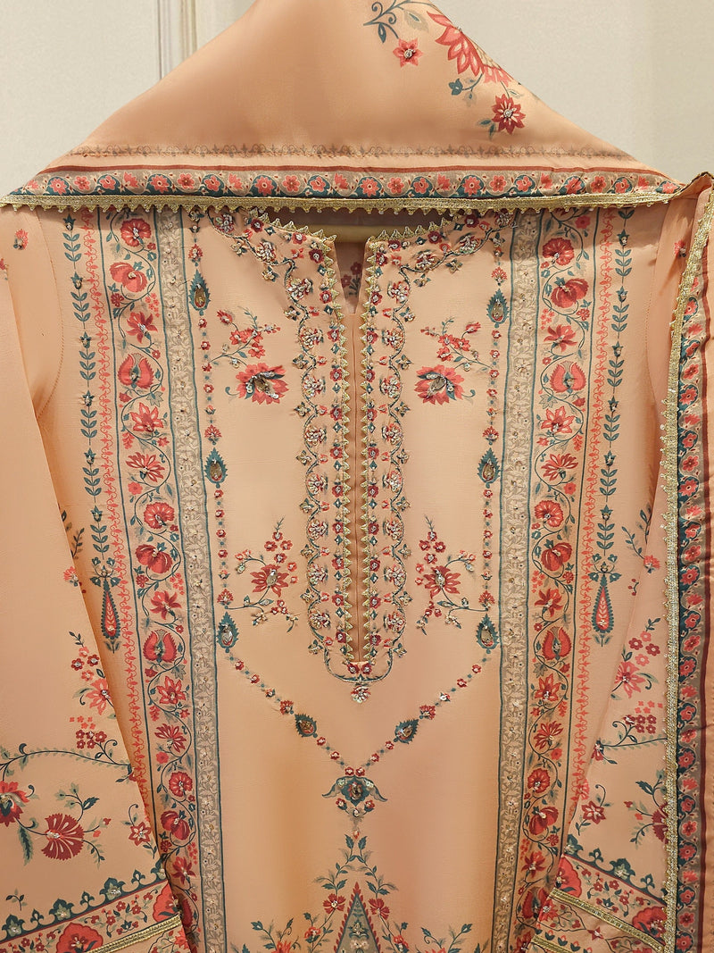 3 Piece- Pure Printed Raw Silk Embroidered Suit S114516