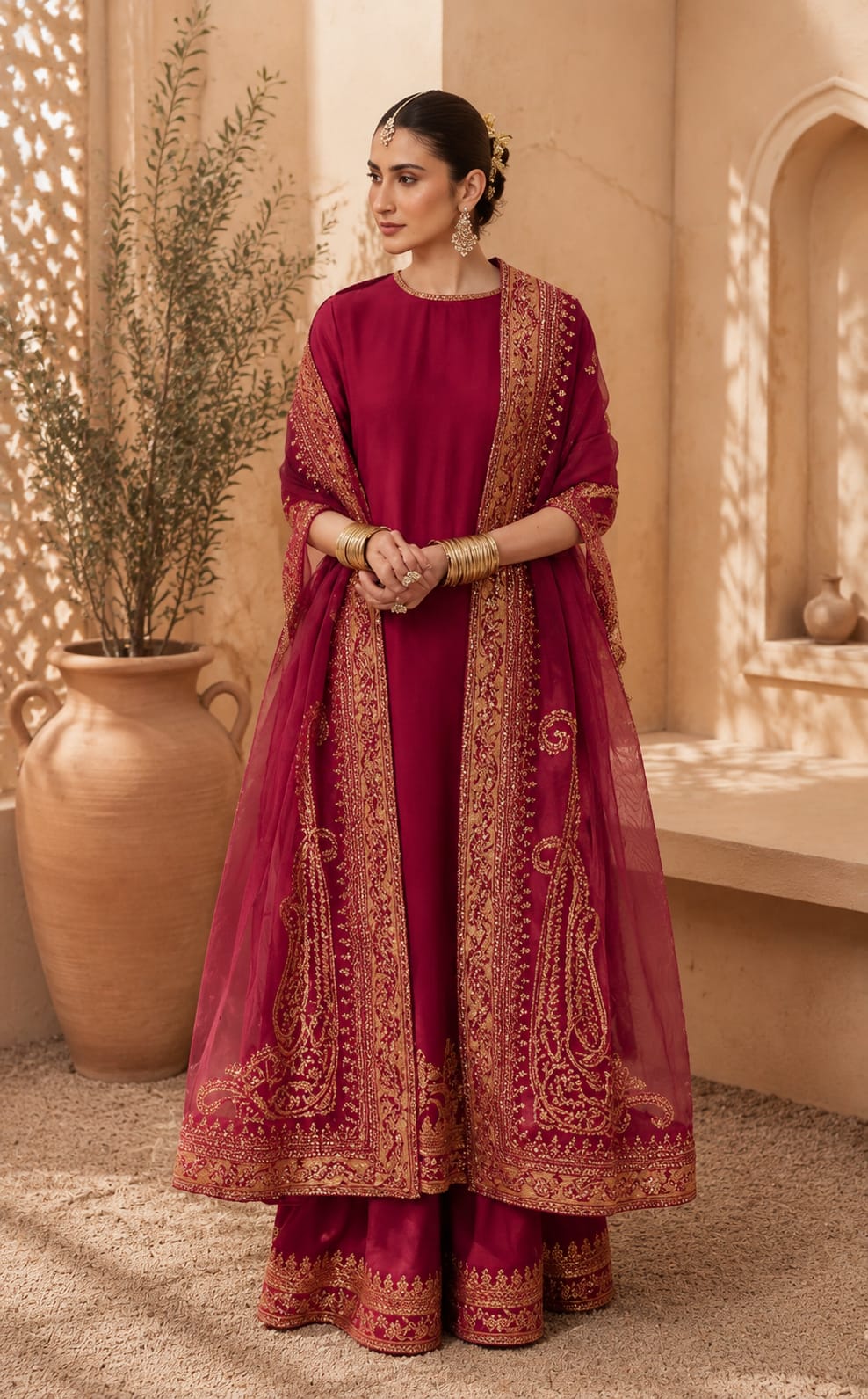 Zarshab Mahroon Festive 26 | Golden Tilla & Sequins Lawn Suit