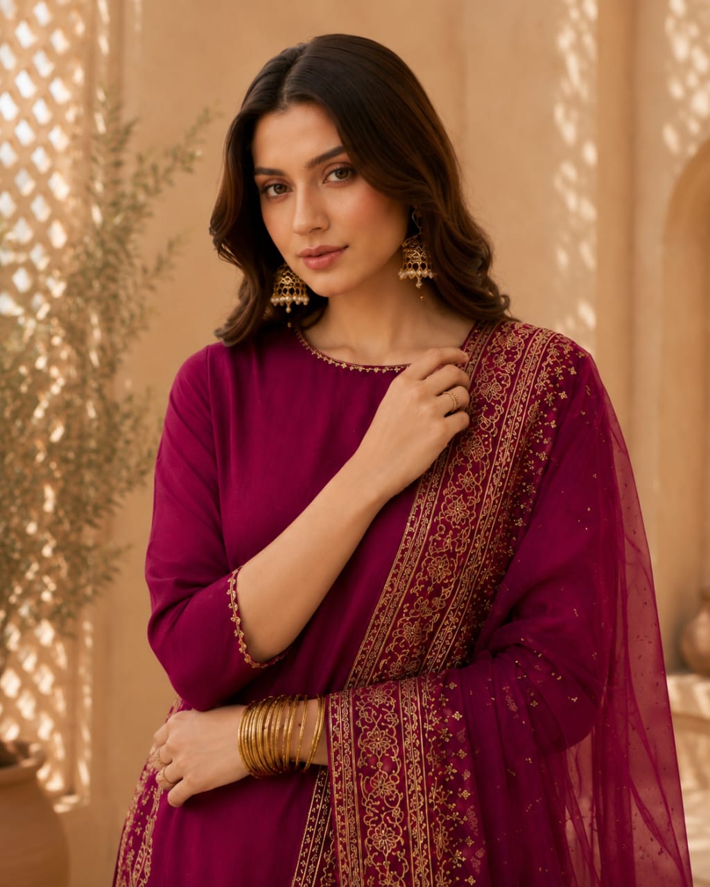 Zarshab Mahroon Festive 26 | Golden Tilla & Sequins Lawn Suit