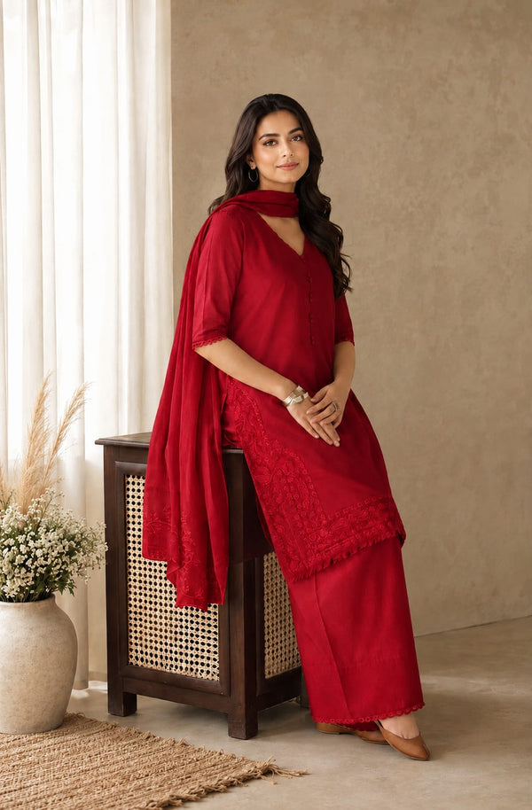 Red Petal Lawn Suit – Bright Red 3 Piece Stitched Dress