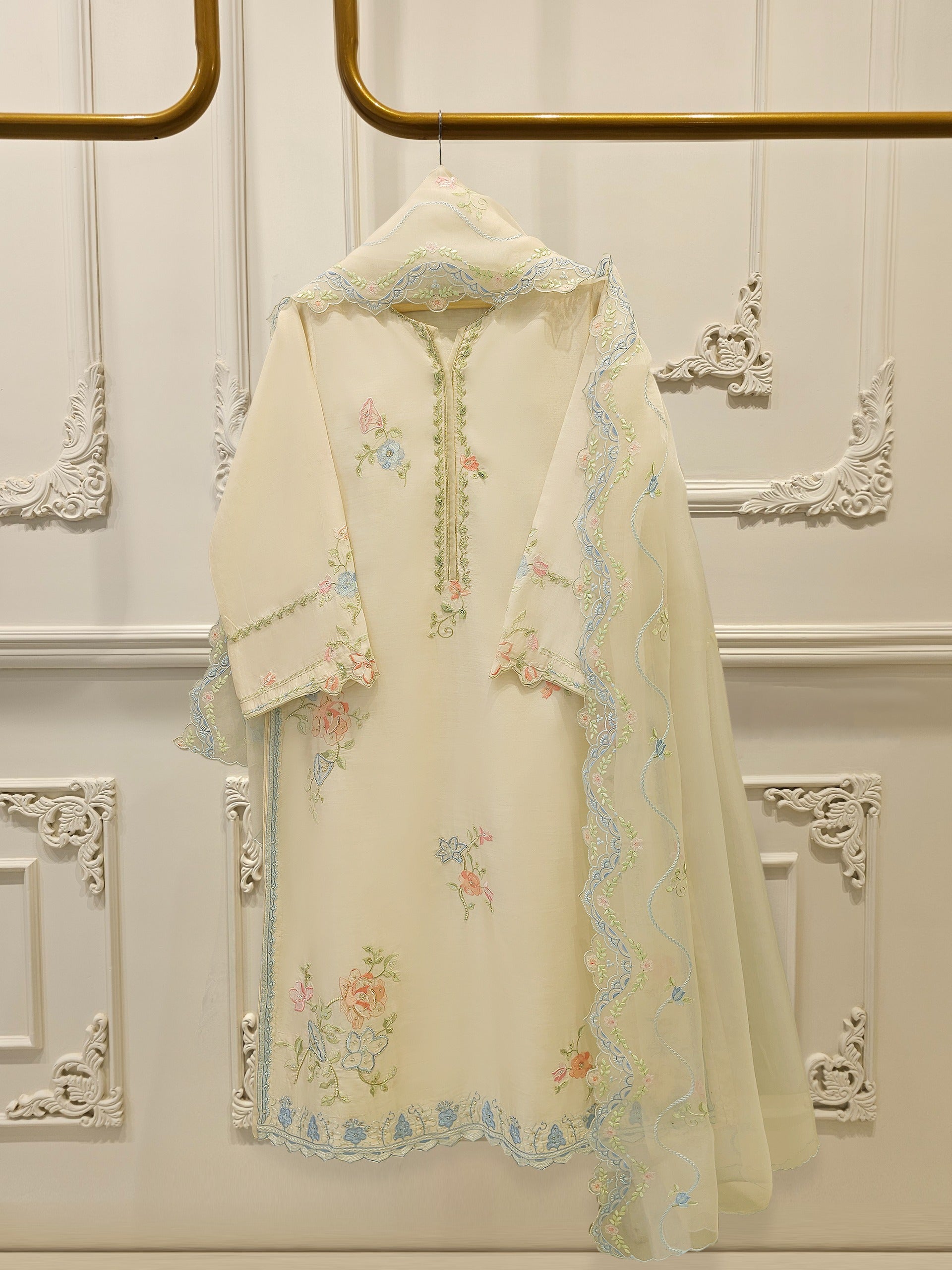 3 Piece- Pure Khadi Silk Embroidered Suit S112229