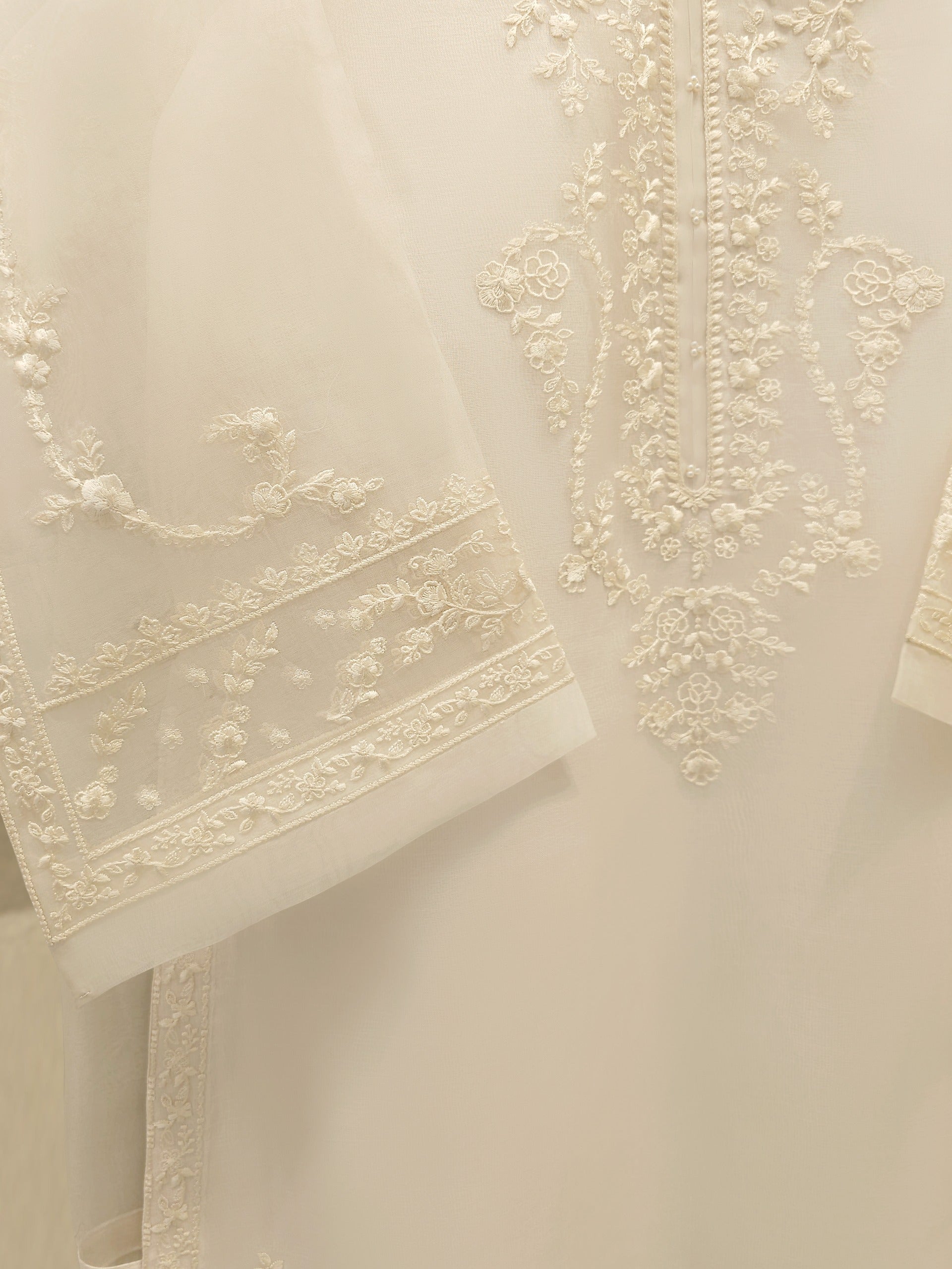 3 Piece - Pure Organza Embroidered Suit S112487