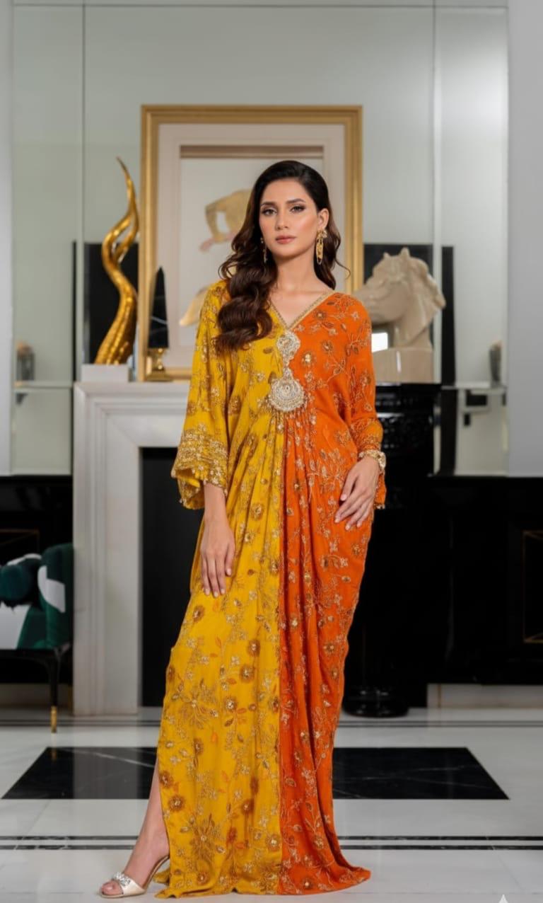 Pink and Orange Combination Kaftan with Hand Embellished Lacha
