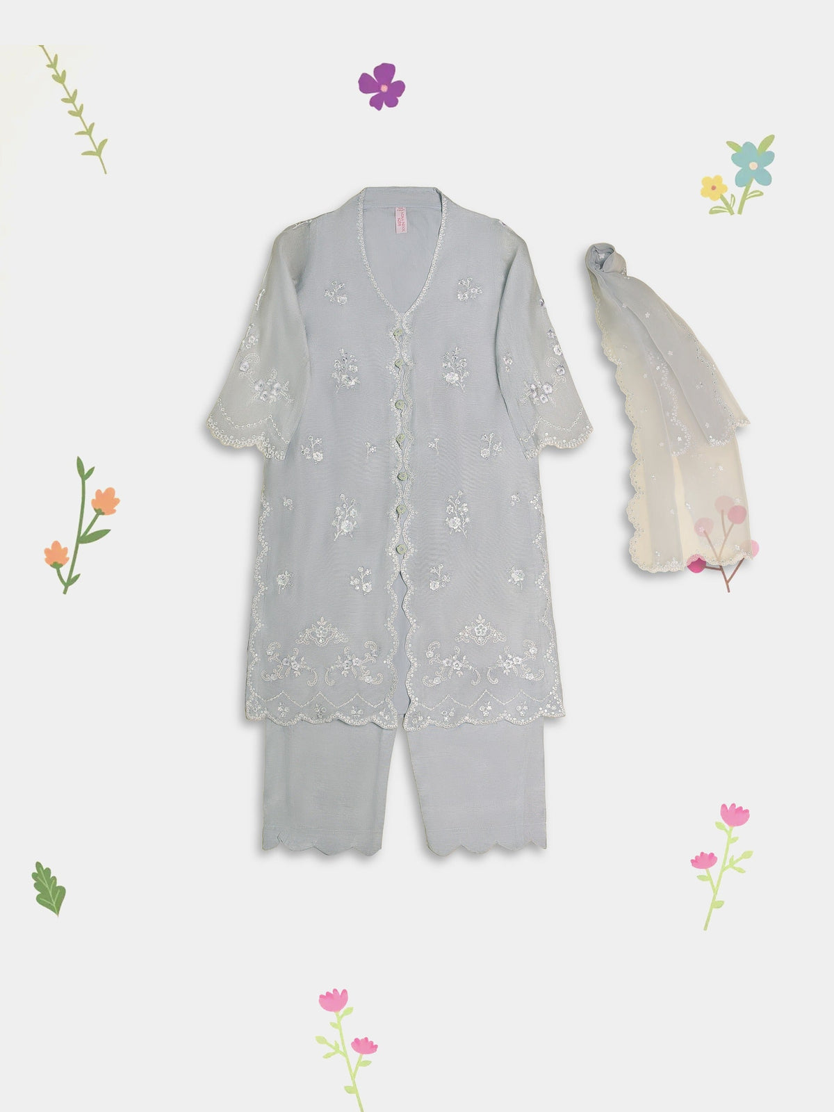 (Kids) 3 Piece -Embroidered  Pure Cotton Net Suit KD-076