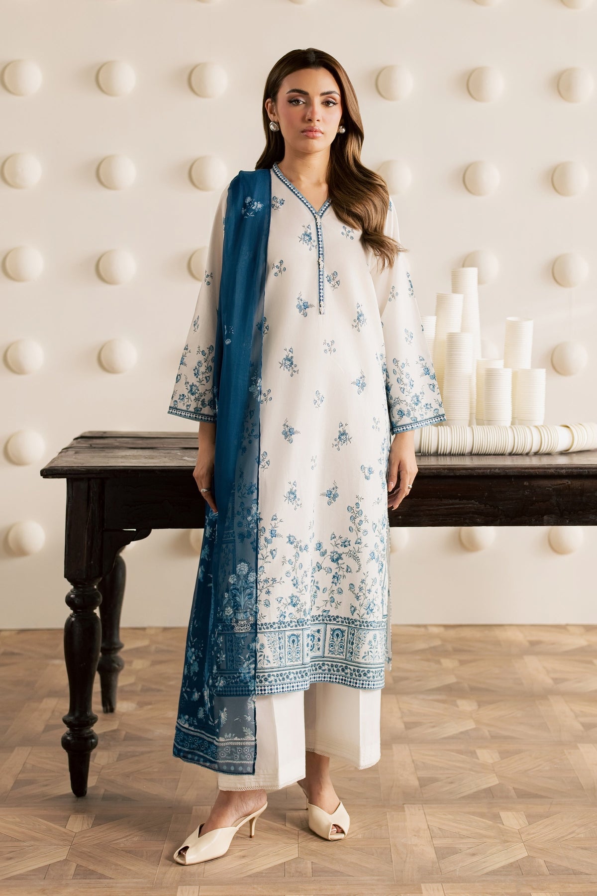 White Everly 3Pc - Printed Cambric Pret
