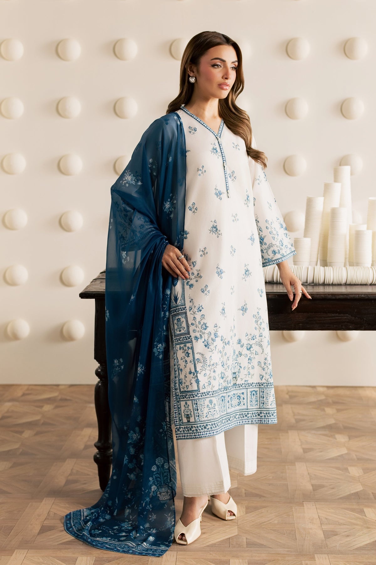 White Everly 3Pc - Printed Cambric Pret