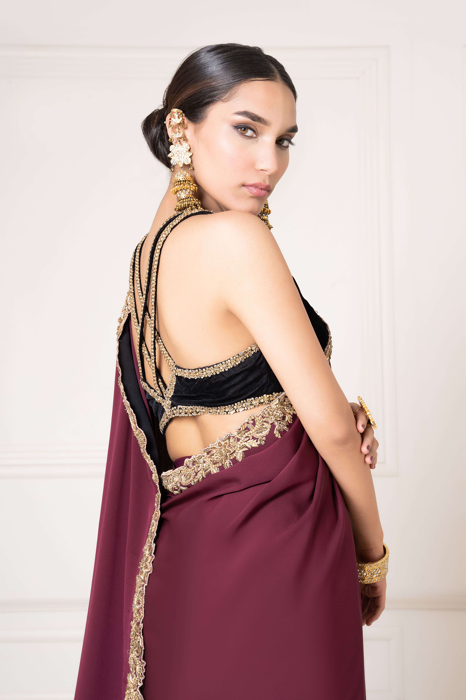 Wine Embellished Sari with Velvet Blouse