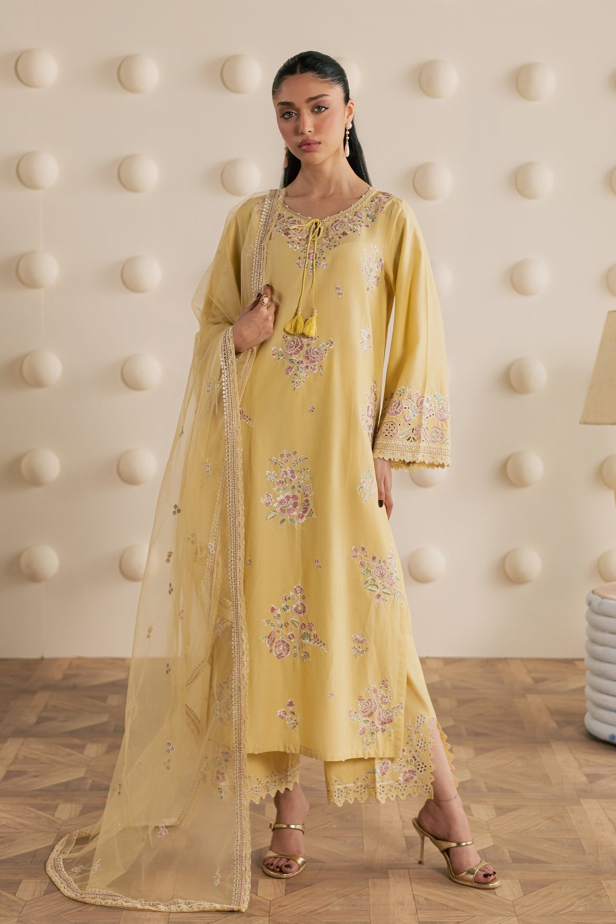 Yellow Adina 3Pc - Embroidered Cambric Pret