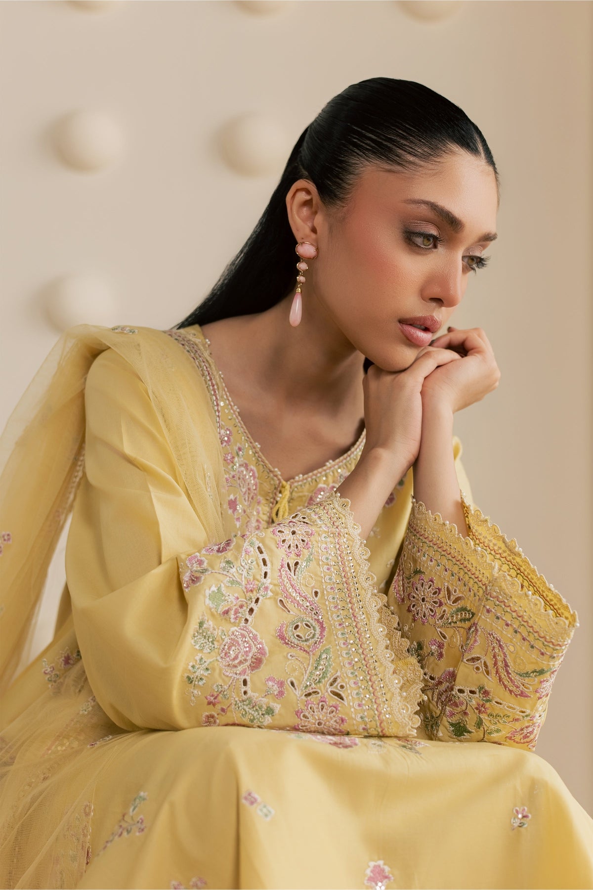 Yellow Adina 3Pc - Embroidered Cambric Pret