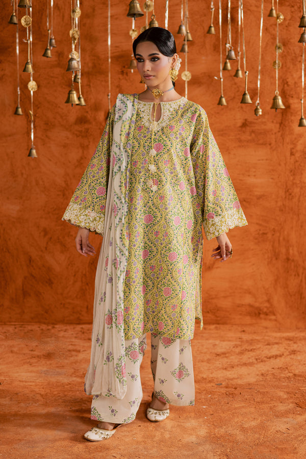 Yellow Minsa 3pc - Printed Lawn Dress
