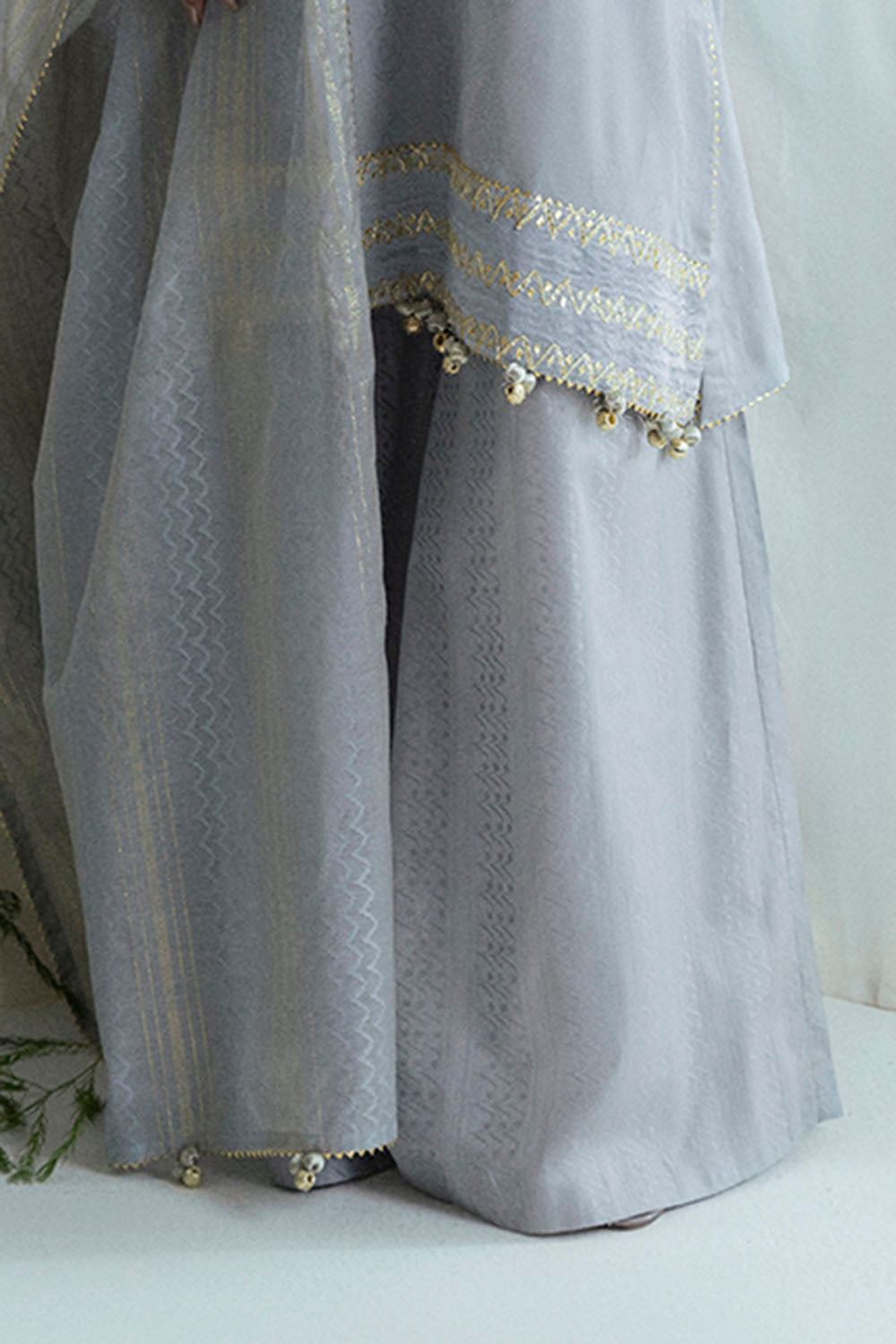 3 Piece Embroidered Self Jacquard Suit With Handwork And Chikan Kari Trouser