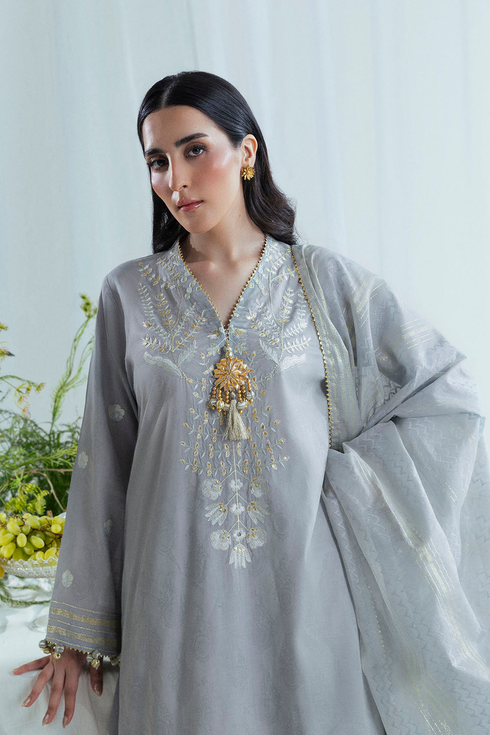 3 Piece Embroidered Self Jacquard Suit With Handwork And Chikan Kari Trouser