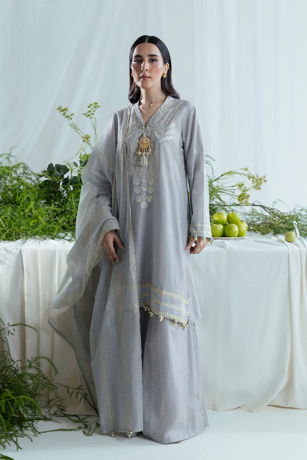 3 Piece Embroidered Self Jacquard Suit With Handwork And Chikan Kari Trouser