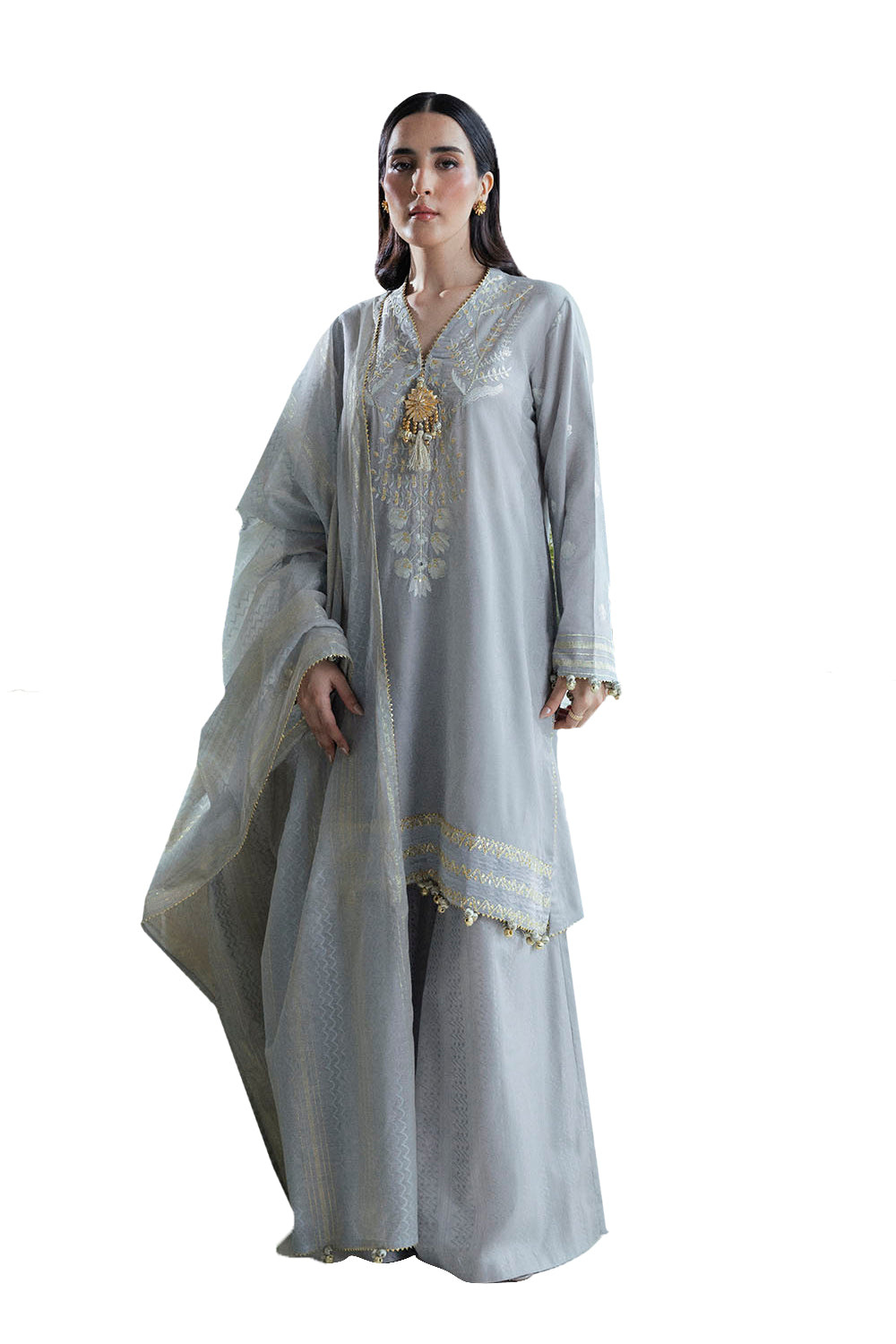 3 Piece Embroidered Self Jacquard Suit With Handwork And Chikan Kari Trouser