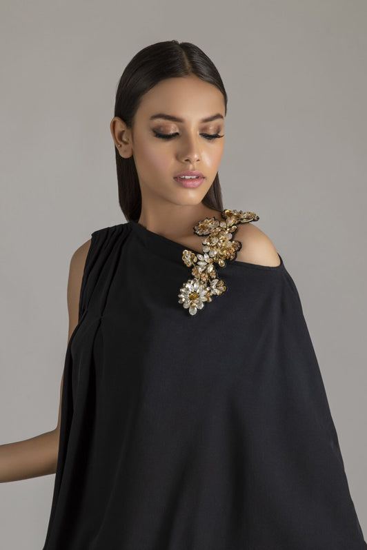 Black Baggy Style Jumpsuit with Crystal Embellished Motif