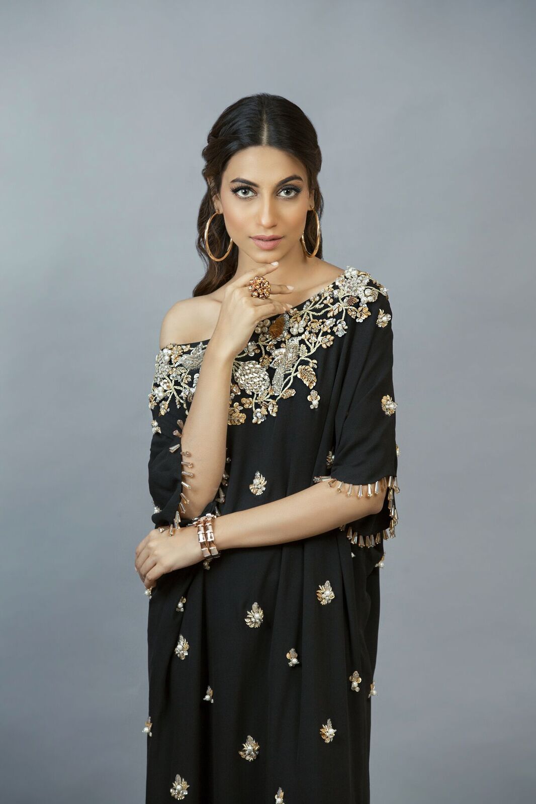 Black Georgette Bird Embellished Kaftan