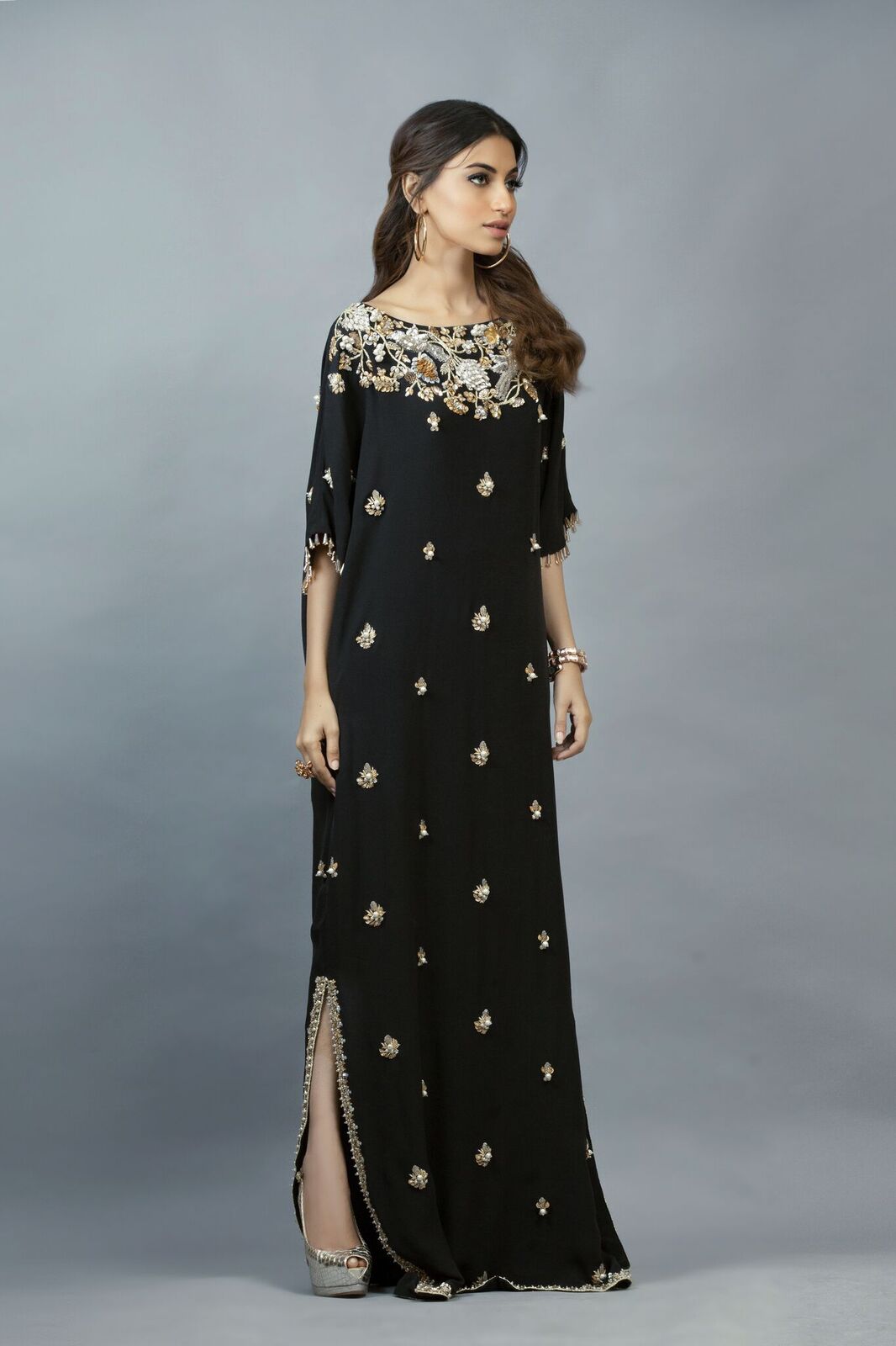 Black Georgette Bird Embellished Kaftan