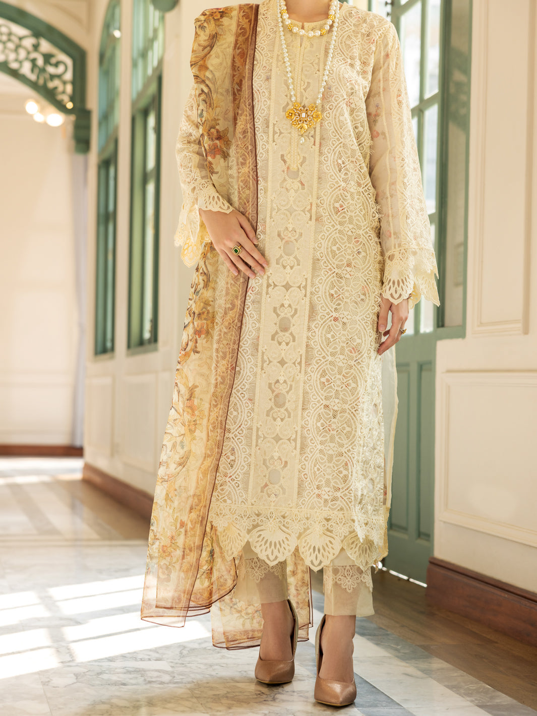 Off White Poly-Organza 3Pc Unstitched - ALP-3PS-1786