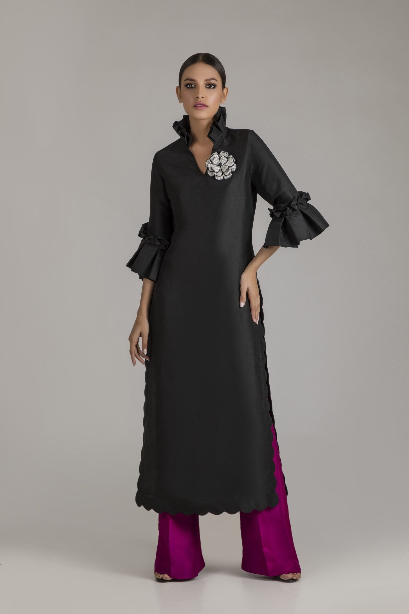 Long Raw silk Tunic with Flared Pants
