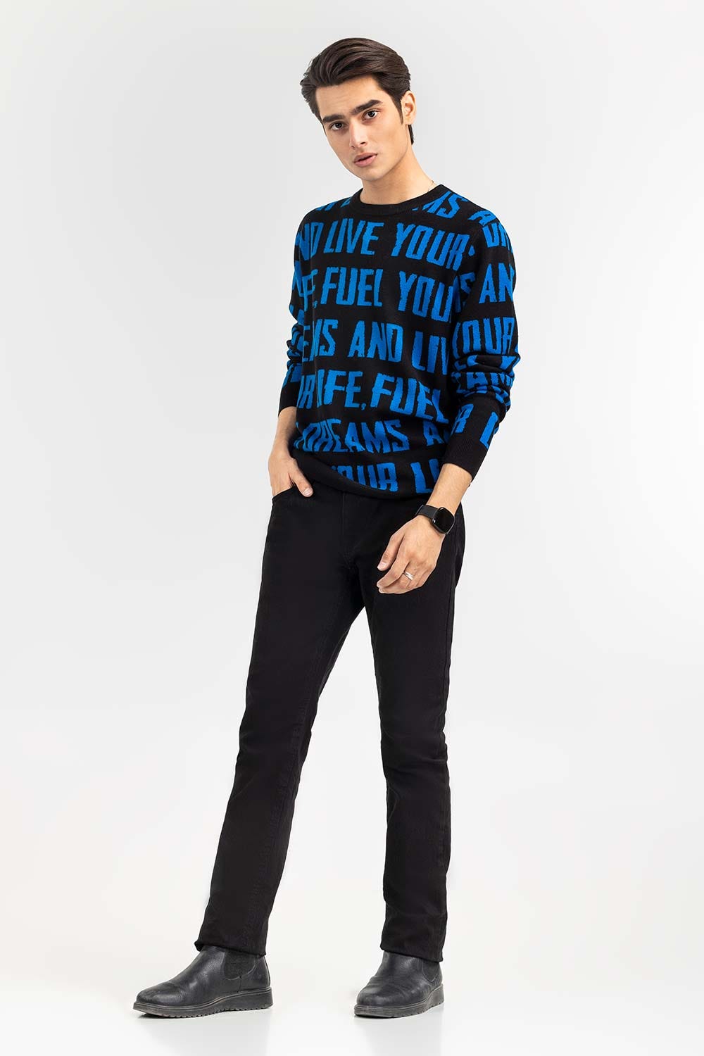 Black Text Crew Neck Sweater