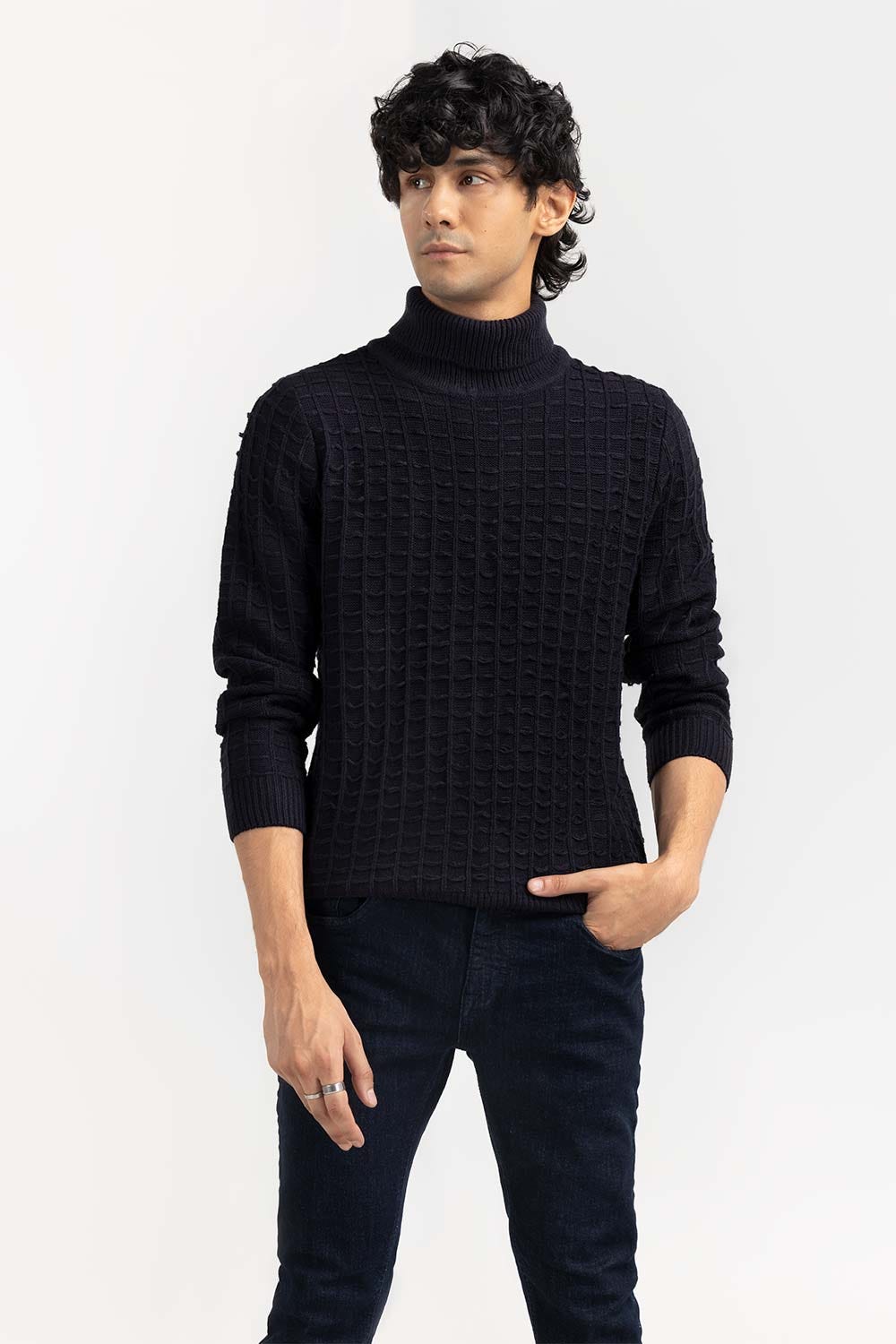 Black Textured Turtle Neck Sweater