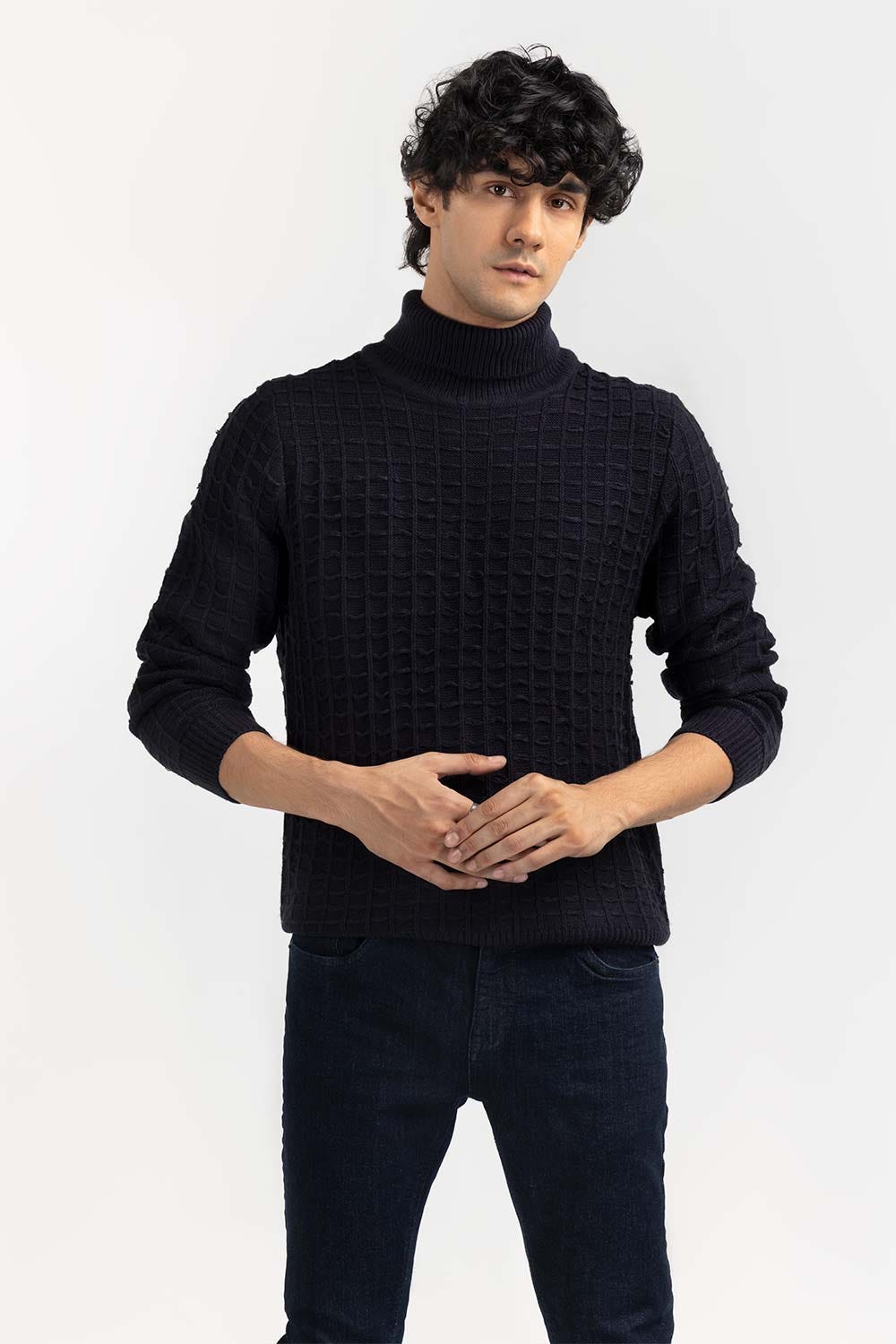 Black Textured Turtle Neck Sweater