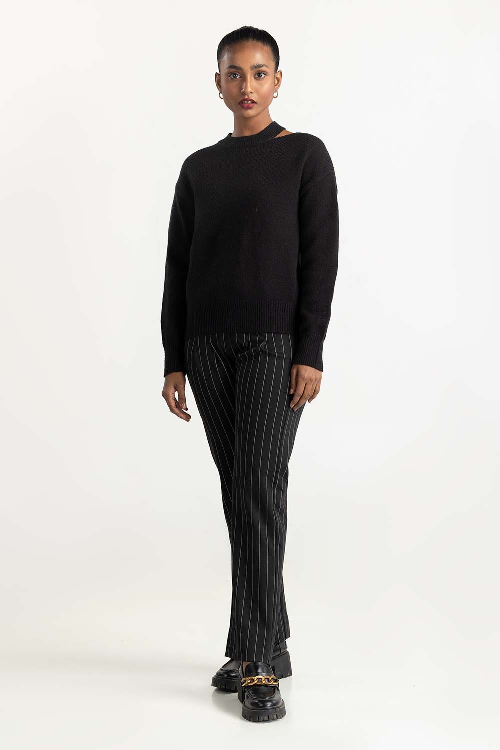 Black Shoulder Cutout Sweater
