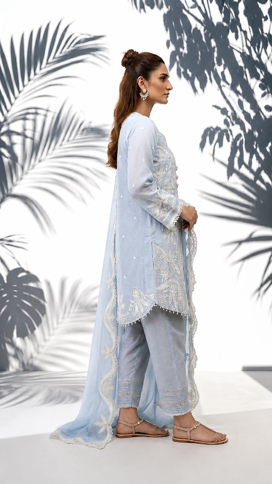 Blue and White Embroidered Short Tunic, Shalwar with Embroidered Chiffon Dupatta