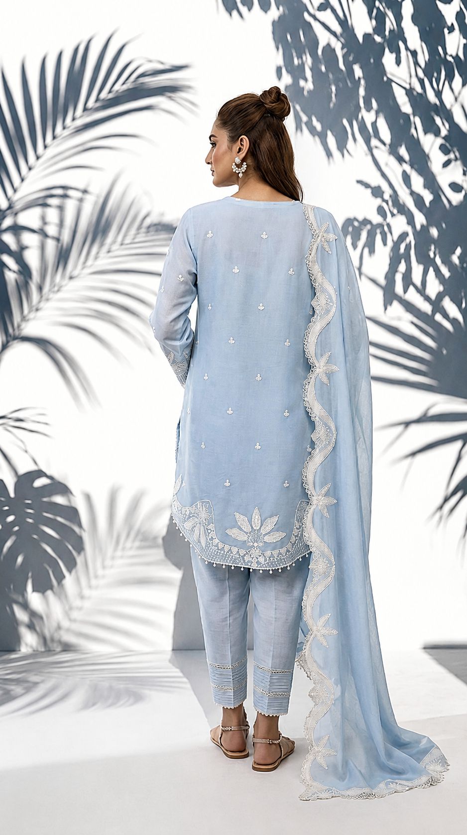 Blue and White Embroidered Short Tunic, Shalwar with Embroidered Chiffon Dupatta