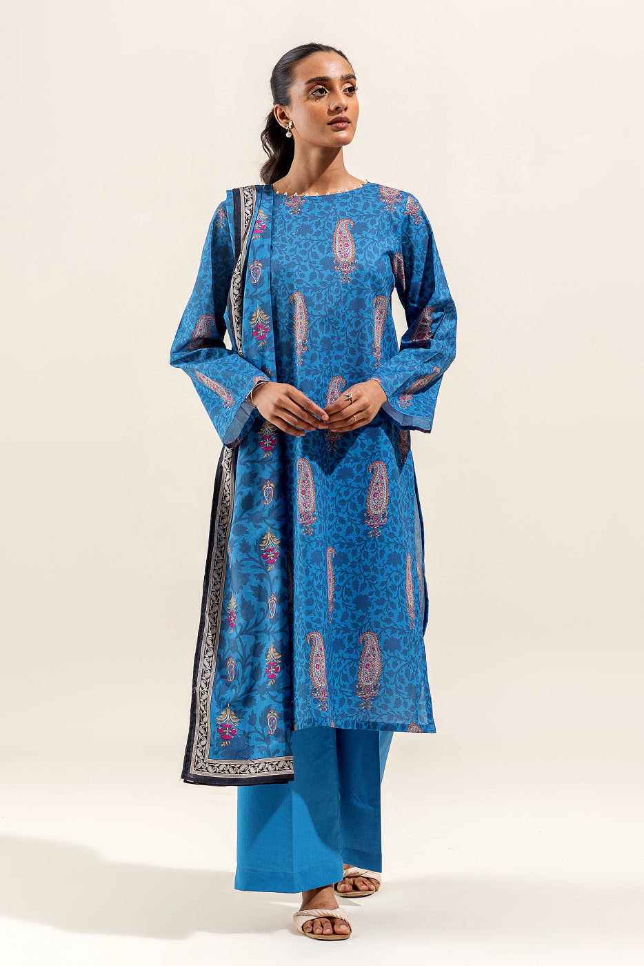 3 Piece Printed Suit-Aegean Sand (Unstitched)